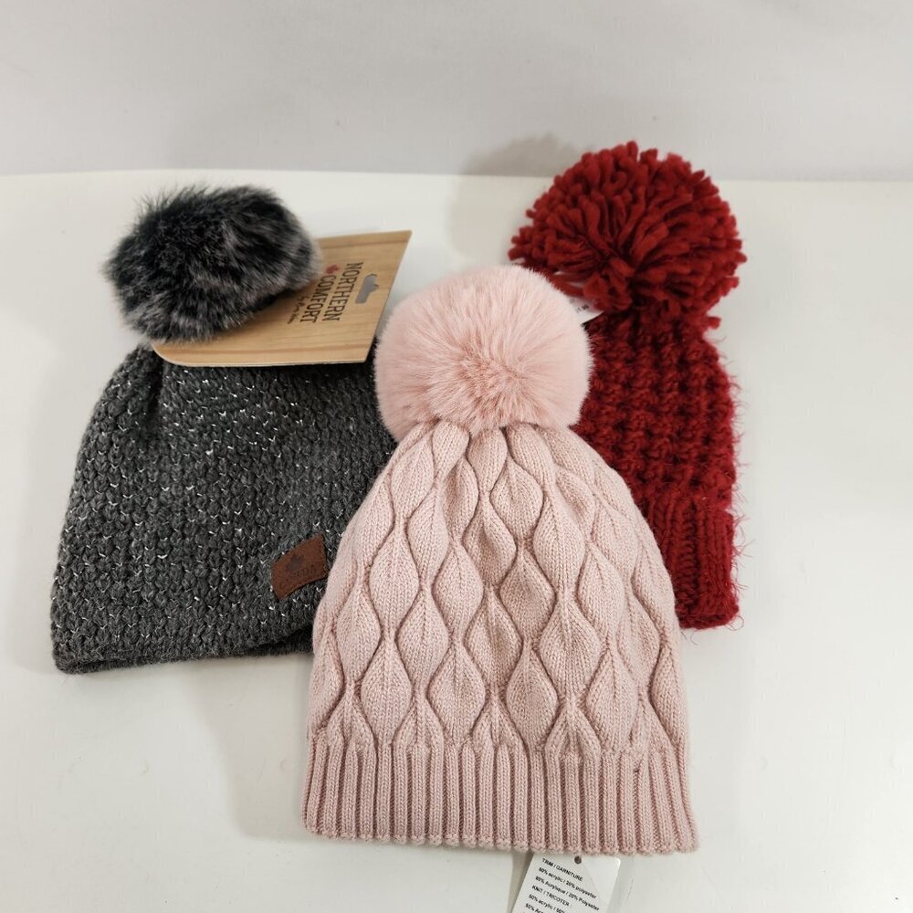 Beanie Pom Pom Lot Chaos Pricilla Pink Giftcraft Red Northern Comfort Gray NWT